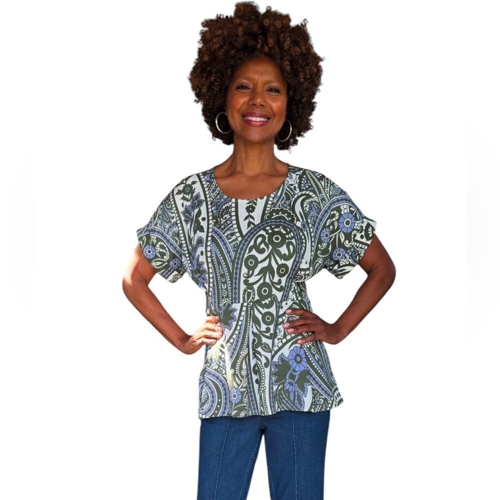 Beautiful by Lawrence Zarion dolman sleeve empire top green purple size medium